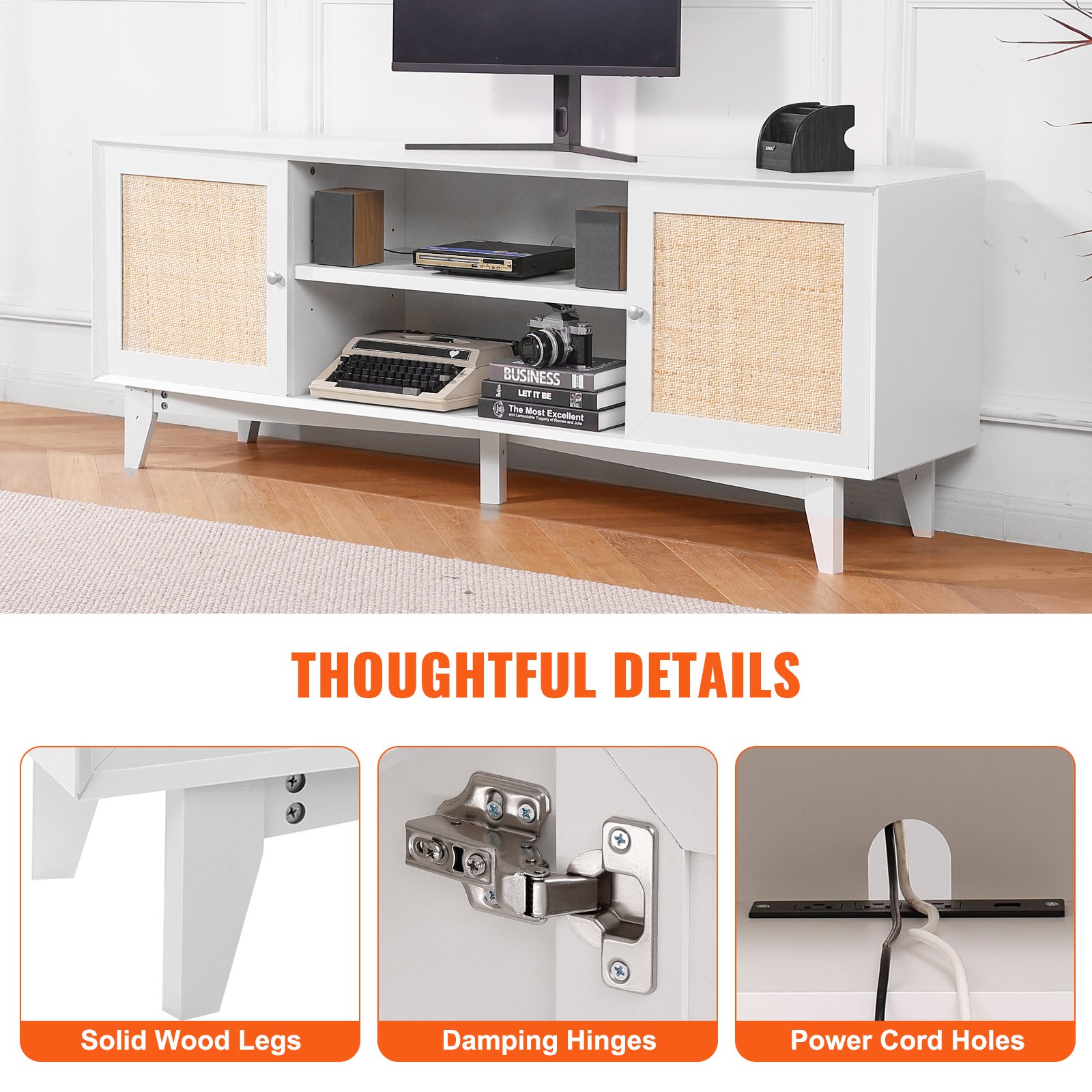 VEVOR - Mueble de TV de ratán para TV de 75 pulgadas, estilo bohemio con puerta de ratán, centro de entretenimiento con enchufe integrado, mueble de almacenaje con 2 estantes, consola de TV moderna para sala de estar y sala multimedia, color blanco