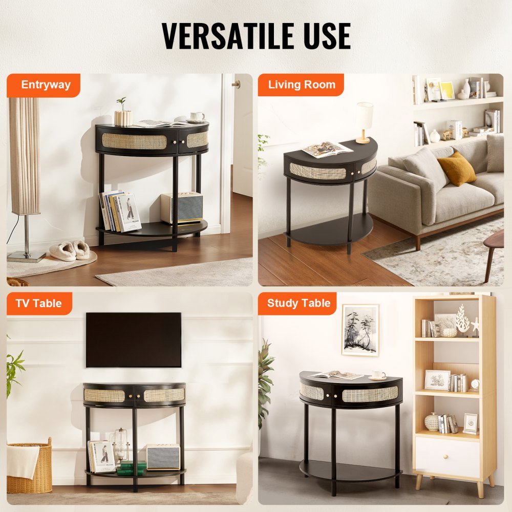 VEVOR Mesa consola de ratán en forma de media luna con 2 cajones de almacenamiento y puerta corrediza de ratán negra, mesa de entrada de ratán con almacenamiento, mesas de consola pequeñas para la entrada, mesa de entrada para el pasillo, mesa de sala de estar