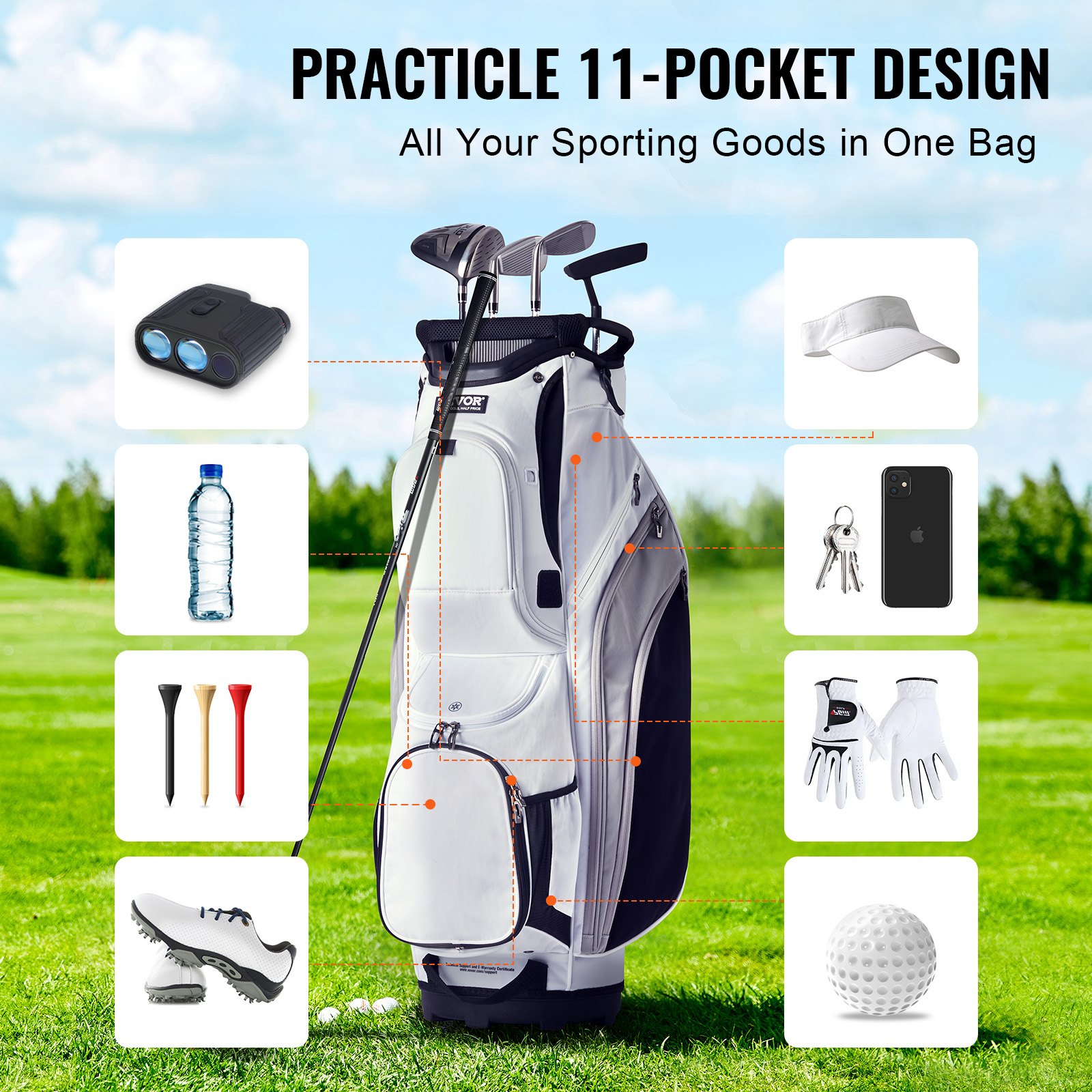 Bolsa para carrito de golf VEVOR con divisor superior organizador de 14 compartimentos, 36" (91 cm) y 13 bolsillos, de nailon premium, resistente, con asas, funda antipolvo y correas desmontables, para hombre y mujer, color blanco.
