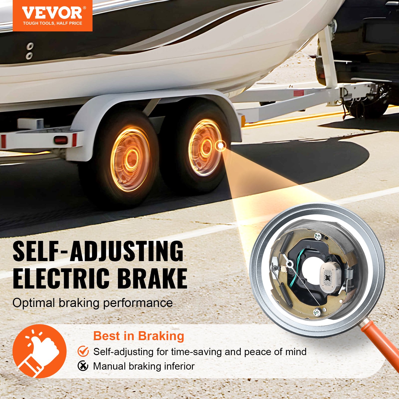 Conjunto de freno de remolque eléctrico VEVOR en remolque, que muestra un mecanismo de freno eléctrico autoajustable.