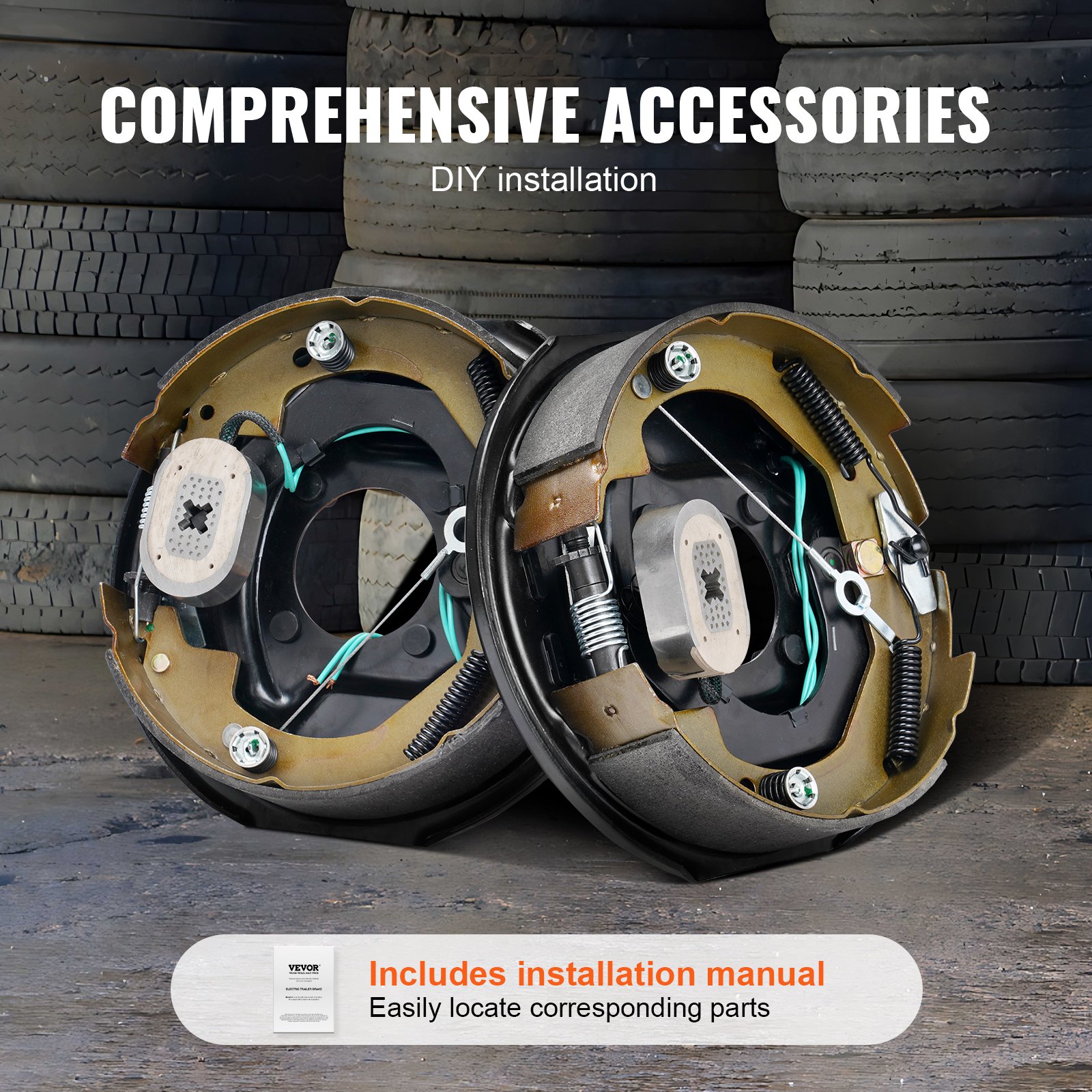 Conjunto de freno de remolque eléctrico VEVOR con accesorios completos y manual de instalación.