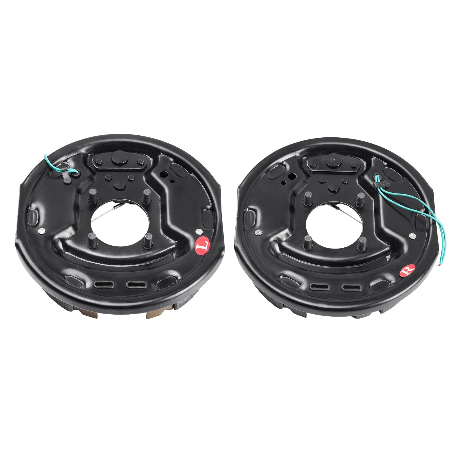 Conjunto de freno de remolque eléctrico VEVOR con placas de freno izquierda y derecha con detalles de cableado.