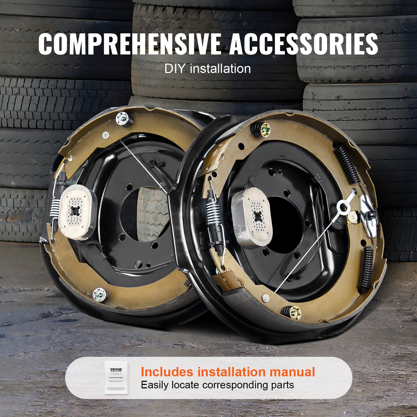 Conjunto de freno de remolque eléctrico VEVOR con accesorios completos y manual de instalación.