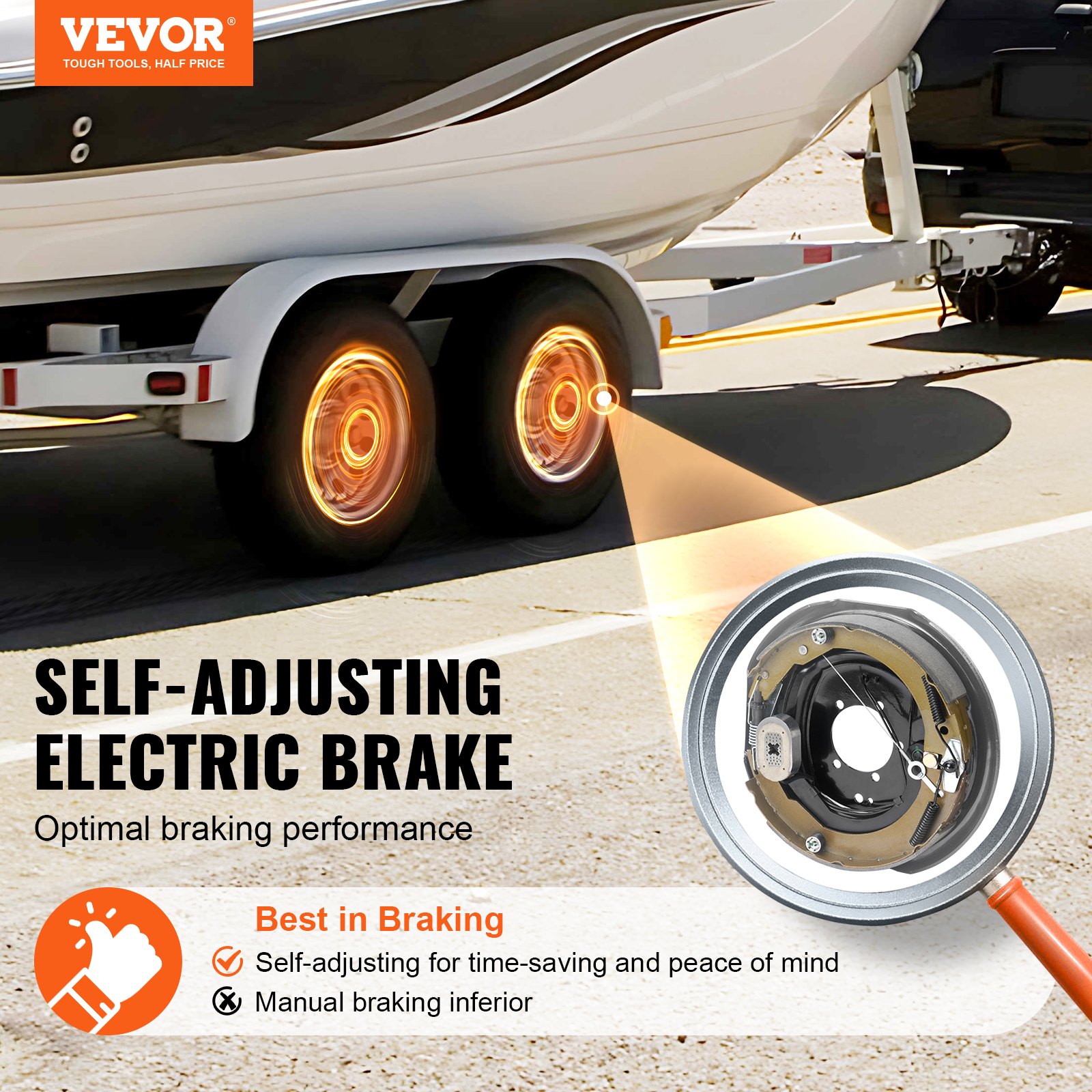 Conjunto de freno de remolque eléctrico VEVOR en remolque de barco, destacando los frenos eléctricos autoajustables.