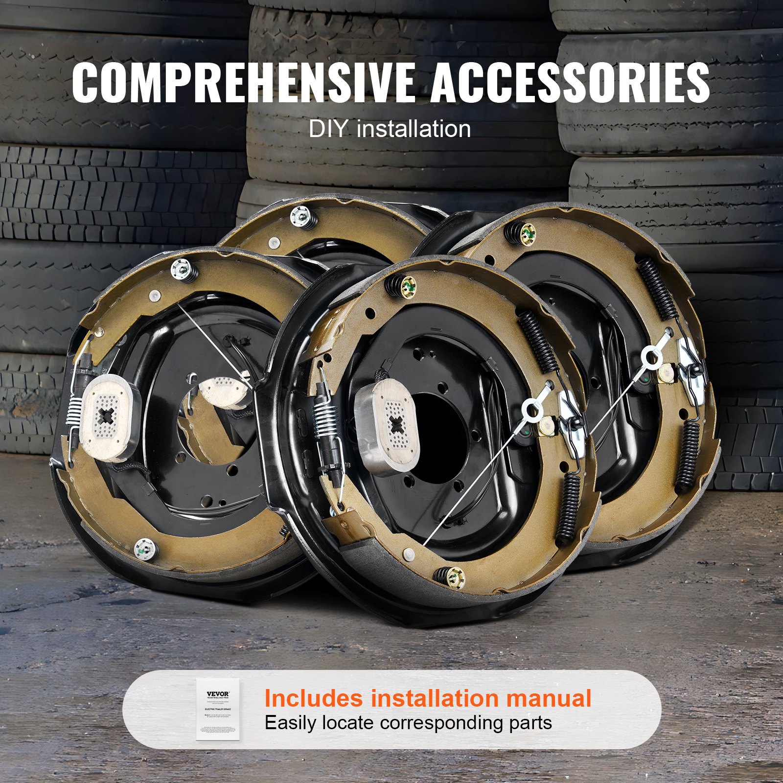 Conjunto de freno de remolque eléctrico VEVOR con accesorios completos para instalación de bricolaje, incluye manual.