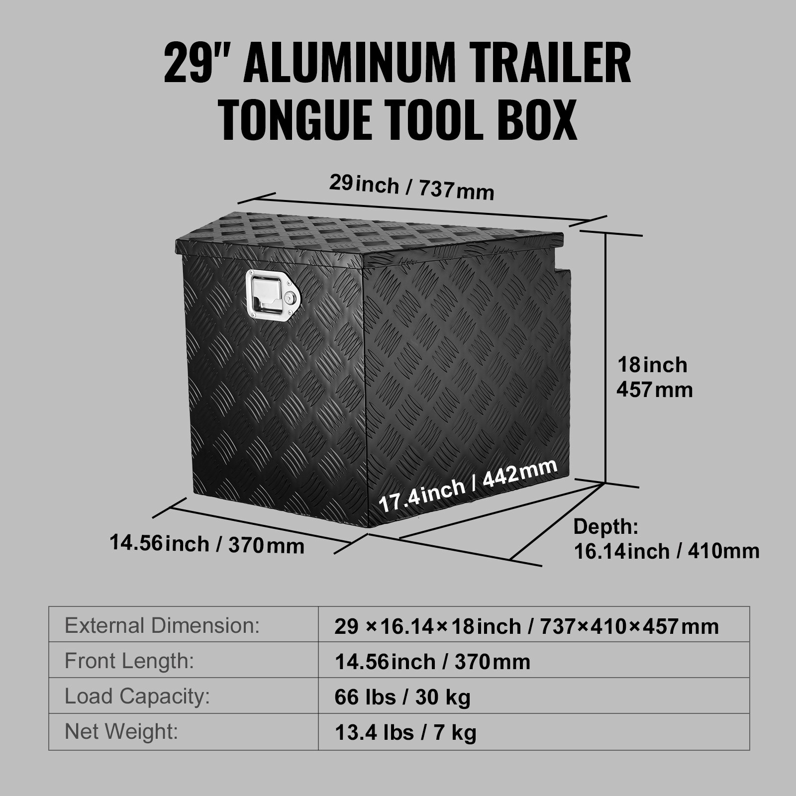 Caja de herramientas VEVOR para remolque, de aleación de aluminio con placa de diamante, resistente, con cerradura y llaves, para camioneta, autocaravana y remolque, 73,6 x 41,7 x 46,5 cm