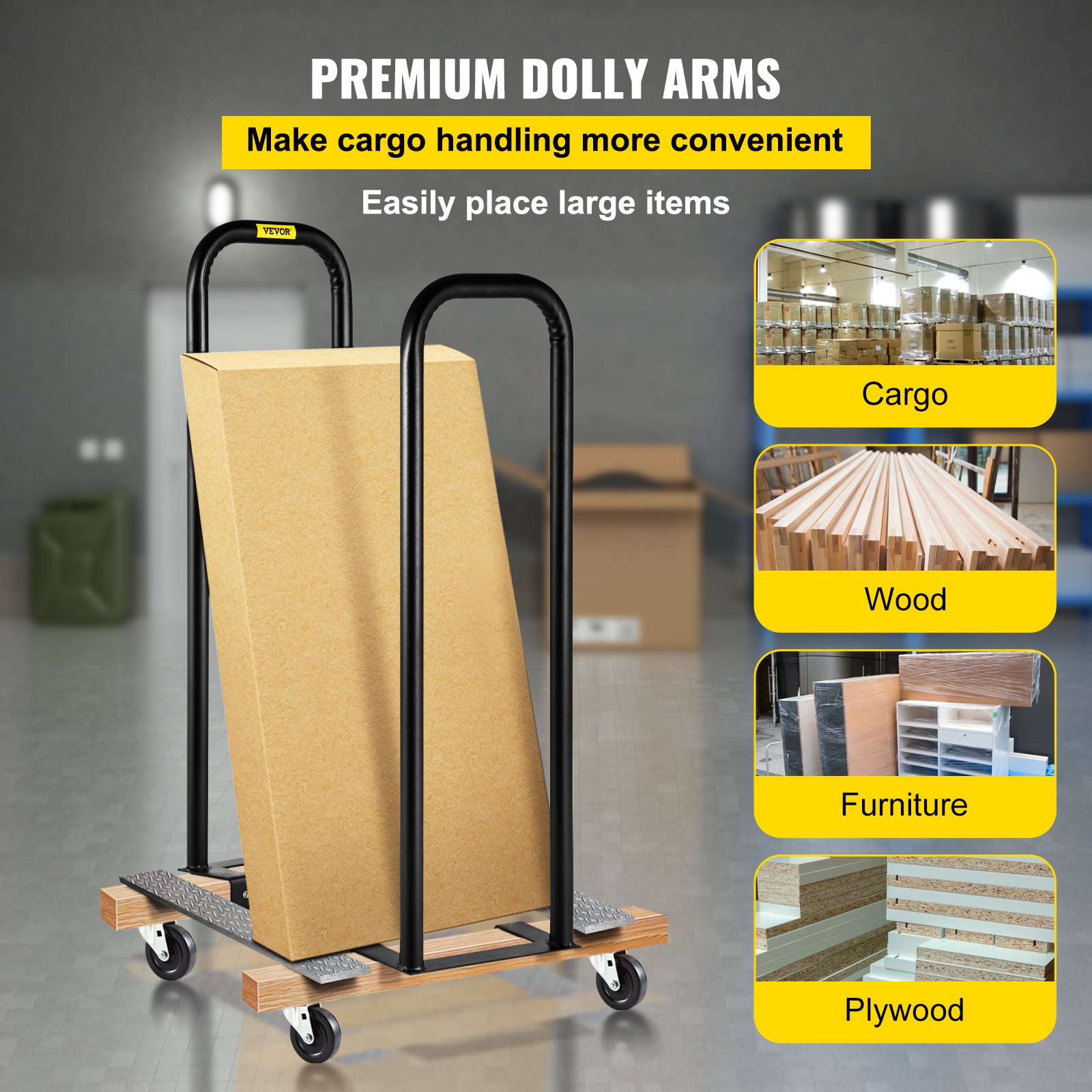 Convertidor de plataforma VEVOR con brazos premium para manipular carga, madera, muebles y madera contrachapada.