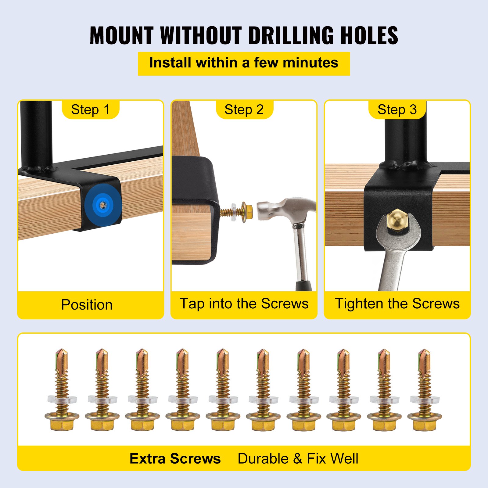 Monte el convertidor de plataforma VEVOR sin taladrar utilizando tornillos extra duraderos.