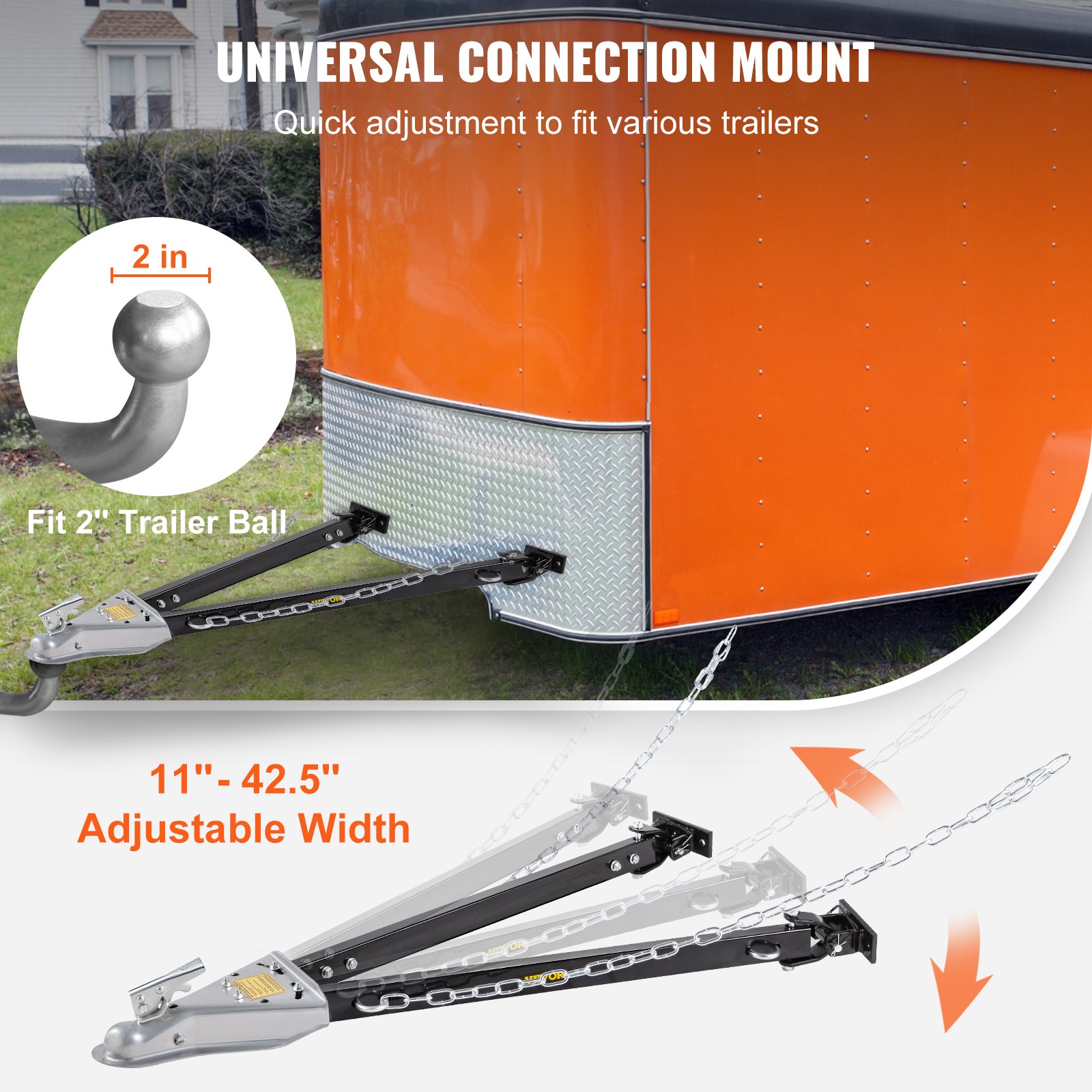 Barra de remolque VEVOR, conexión universal, ancho ajustable 11&quot;-42,5&quot;, se adapta a bola de remolque de 2&quot;, remolque naranja.