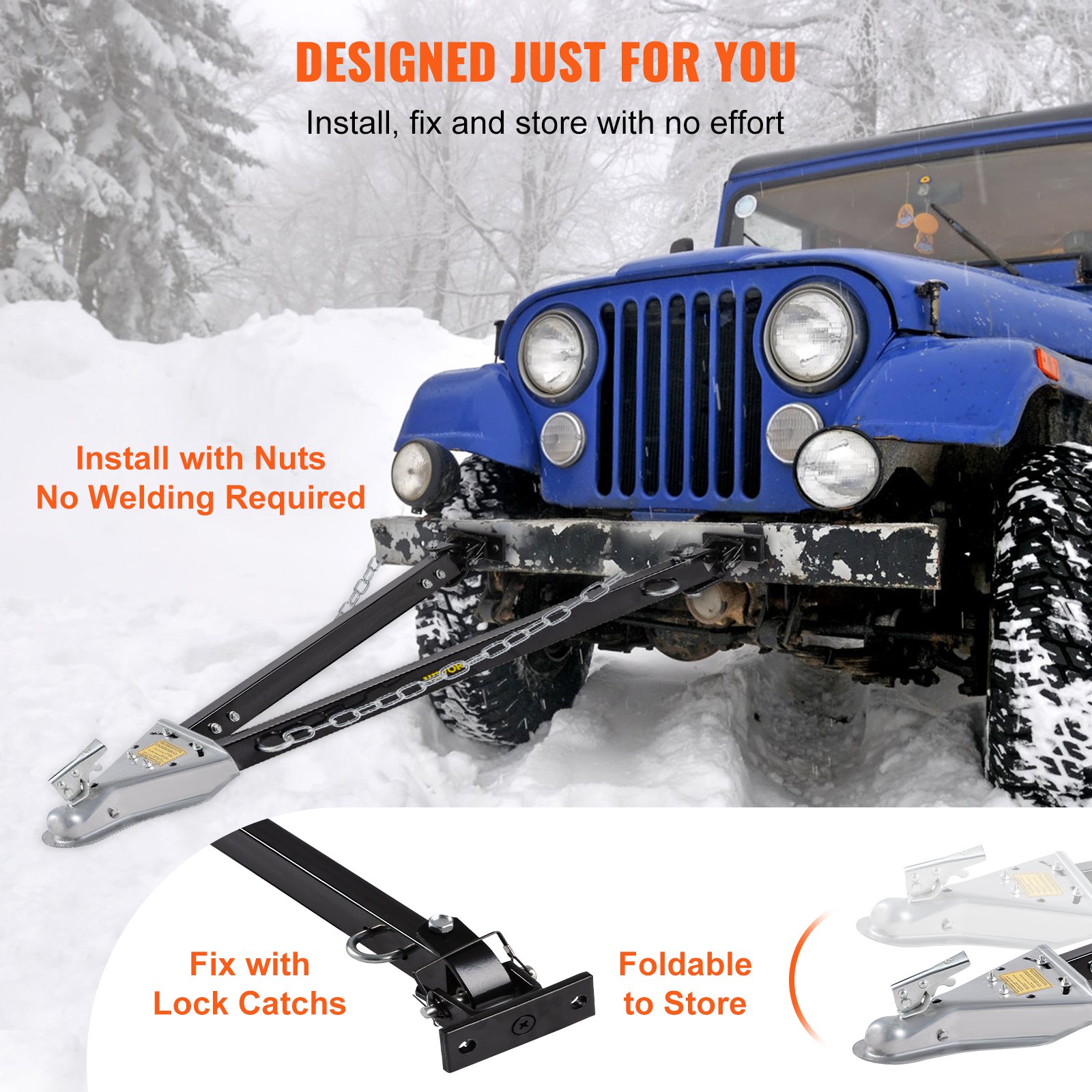 Jeep azul con barra de remolque VEVOR, fondo nevado, fácil instalación, sin soldaduras, cierre de seguridad, plegable.