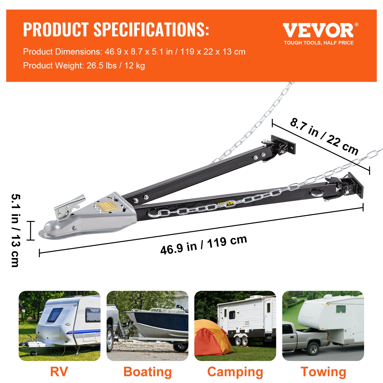 Barra de remolque VEVOR con dimensiones y peso, adecuada para vehículos recreativos, navegación, acampada y remolque.