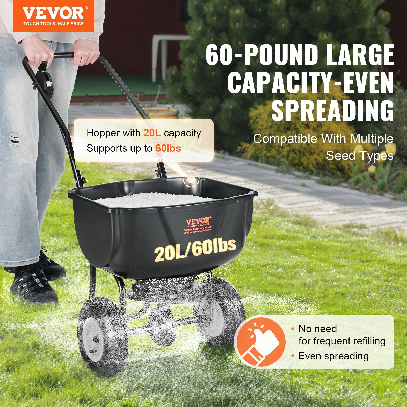 VEVOR Esparcidor de Abonos 27kg Esparcidor de Sal Quitanieves de Semillas con Ruedas Grandes 203mm​ Tolva de 20L Sembradora de Semillas de Césped de Acero para Terrenos Residenciales, Agrícolas, Negro