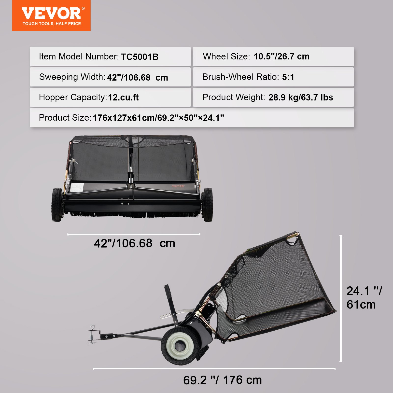 Barredora de césped remolcada VEVOR de 42 pulgadas, 12 pies cúbicos, recogedor de hojas y césped resistente con diseño de cuerda de descarga y altura de barrido ajustable para recoger escombros y césped.