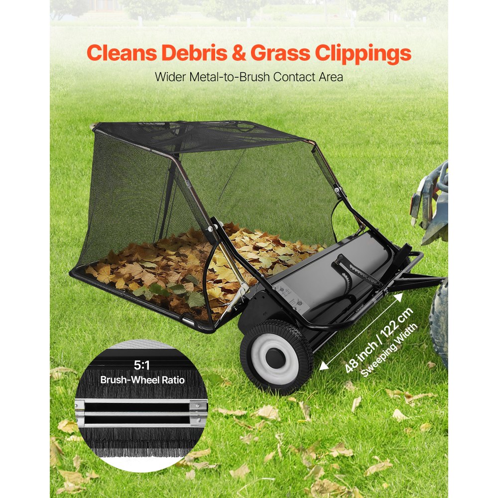 Barredora de césped remolcable VEVOR, 122 cm (48"), capacidad de tolva de 7,8 m³ (26 pies³), recogedor de hojas y césped con cuerda de descarga, altura de barrido ajustable, ideal para jardines.