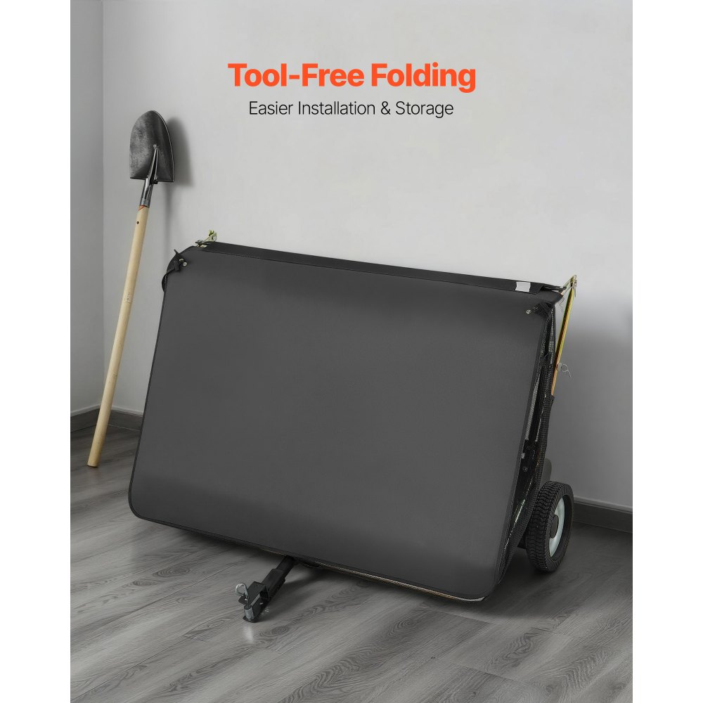 Barredora de césped remolcable VEVOR, 122 cm (48"), capacidad de tolva de 7,8 m³ (26 pies³), recogedor de hojas y césped con cuerda de descarga, altura de barrido ajustable, ideal para jardines.