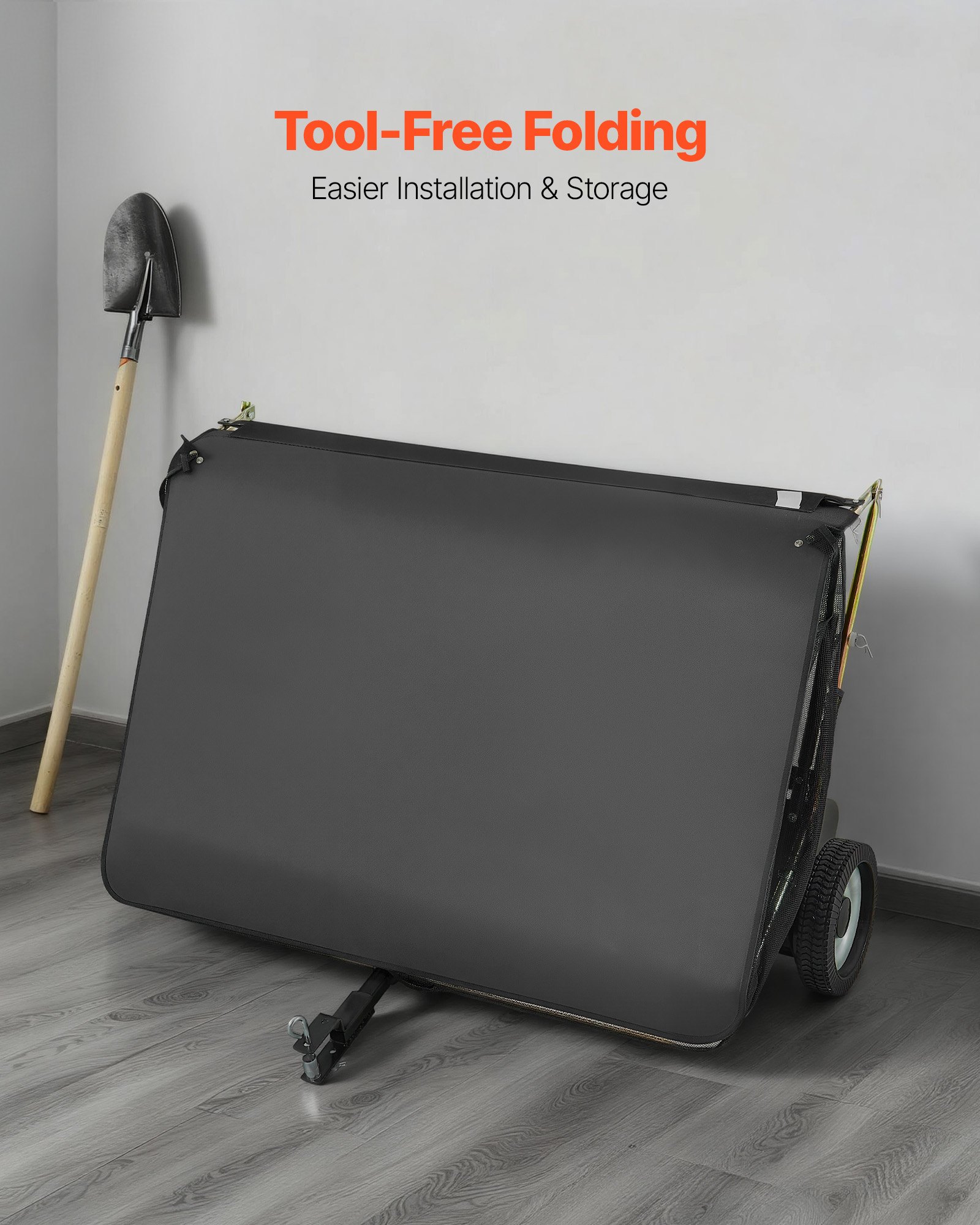 Barredora de césped remolcable VEVOR, 122 cm (48"), capacidad de tolva de 7,8 m³ (26 pies³), recogedor de hojas y césped con cuerda de descarga, altura de barrido ajustable, ideal para jardines.
