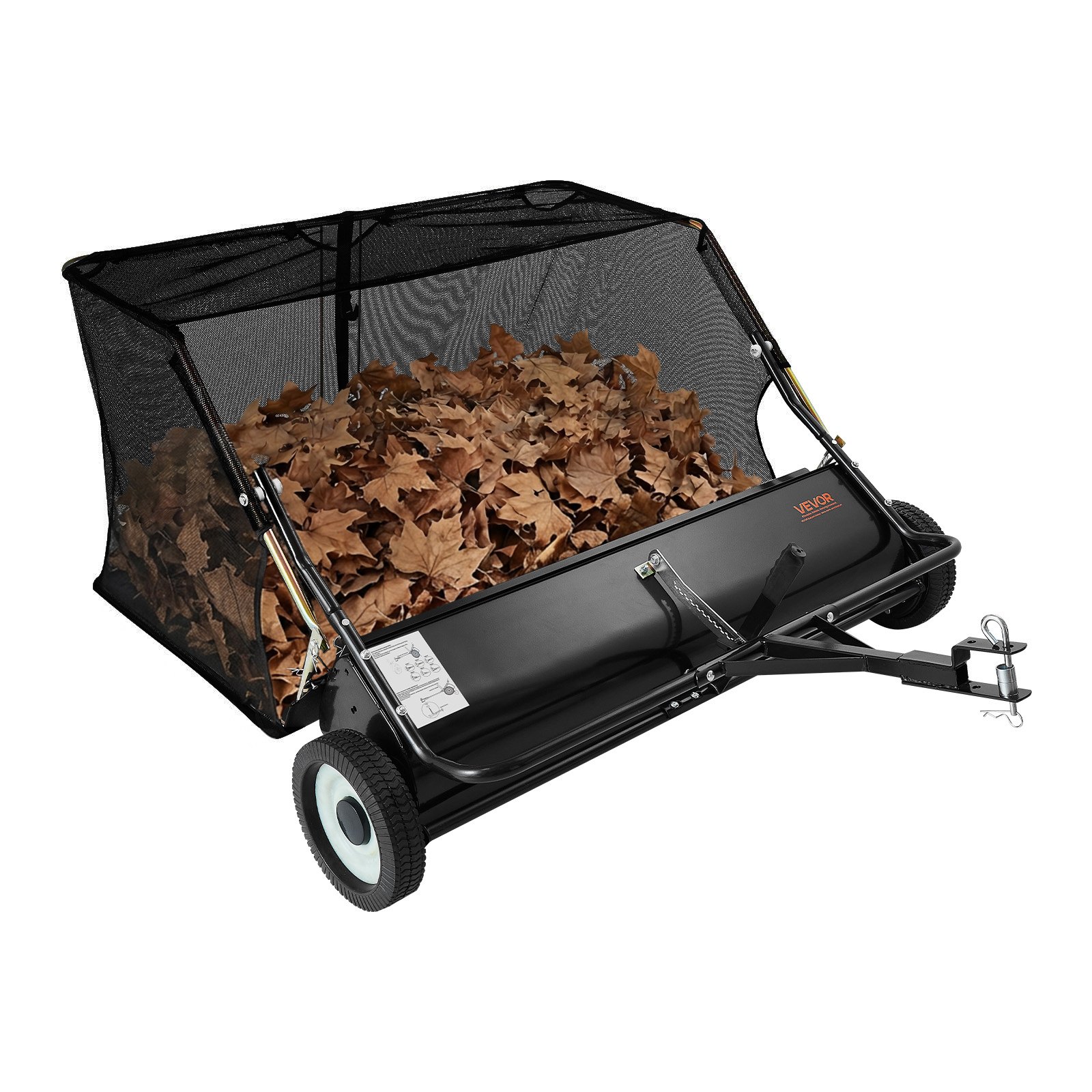 Barredora de césped remolcable VEVOR, 122 cm (48"), capacidad de tolva de 7,8 m³ (26 pies³), recogedor de hojas y césped con cuerda de descarga, altura de barrido ajustable, ideal para jardines.