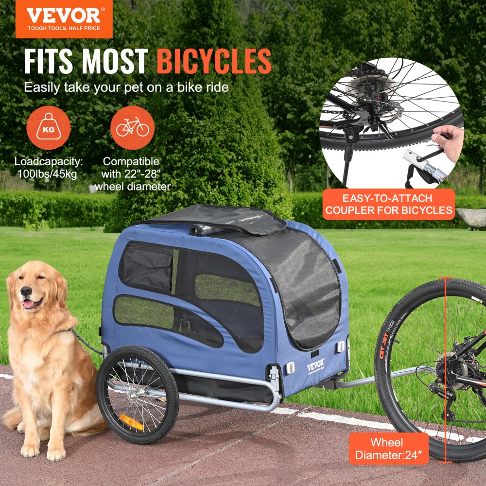Remolque de bicicleta para perros VEVOR, soporta hasta 45 kg, portabicicletas para mascotas, marco plegable con ruedas de liberación rápida, acoplador universal para bicicletas, reflectores, bandera, plegable para guardar, azul/negro