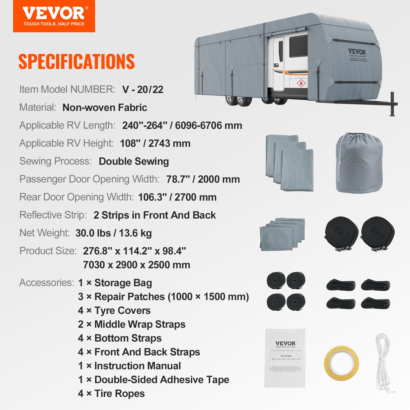 VEVOR Funda para remolque de viaje, cubierta para RV de 20 a 22 pies, cubierta para caravana de tela no tejida de 4 capas, cubierta para caravana Clase A impermeable, resistente al viento y al desgast
