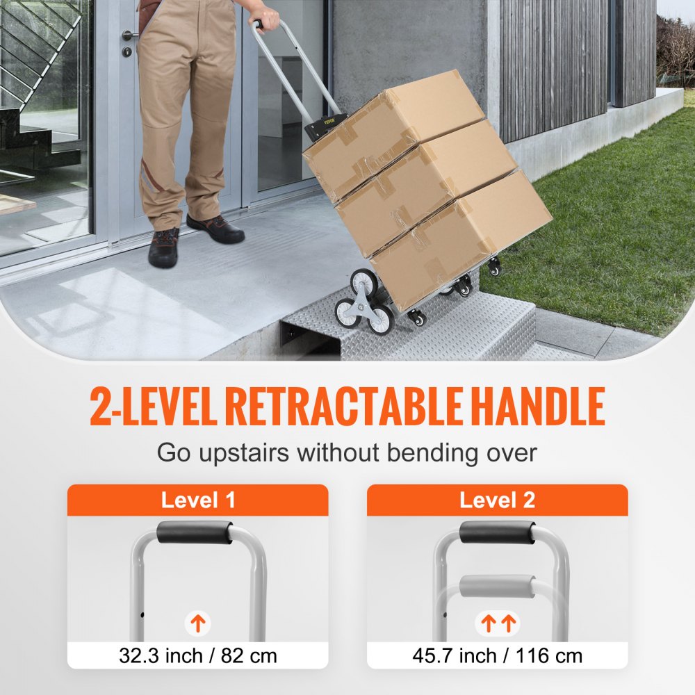 Persona que utiliza un carrito para subir escaleras VEVOR con asa retráctil de 2 niveles para subir cajas por las escaleras.