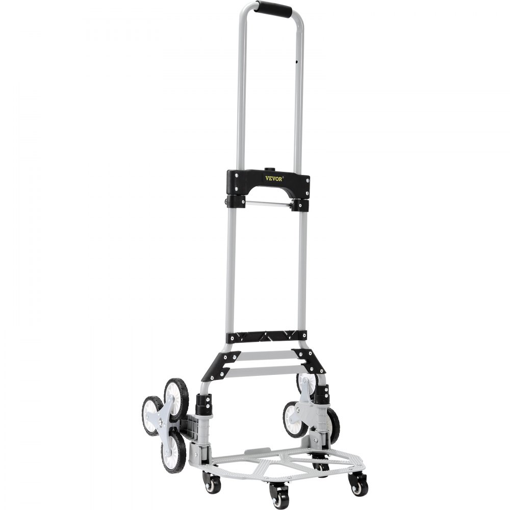 Carro sube escaleras VEVOR con diseño de tres ruedas y marco plegable para un fácil transporte.