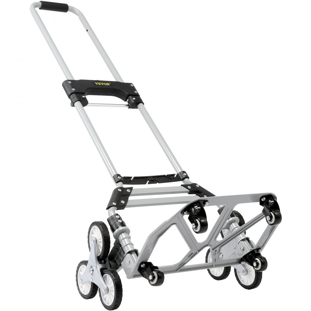 Carro sube escaleras VEVOR con diseño de seis ruedas, marco plegable y mango ergonómico para un fácil transporte.