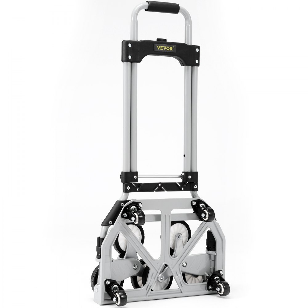 Carro sube escaleras VEVOR con seis ruedas y asa plegable diseñado para facilitar el transporte de cargas pesadas.