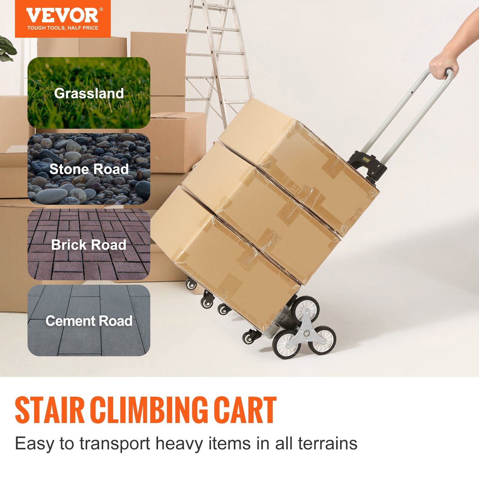 Carro sube escaleras VEVOR que transporta cajas sobre diversas superficies de terreno, como pastizales y caminos de piedra.