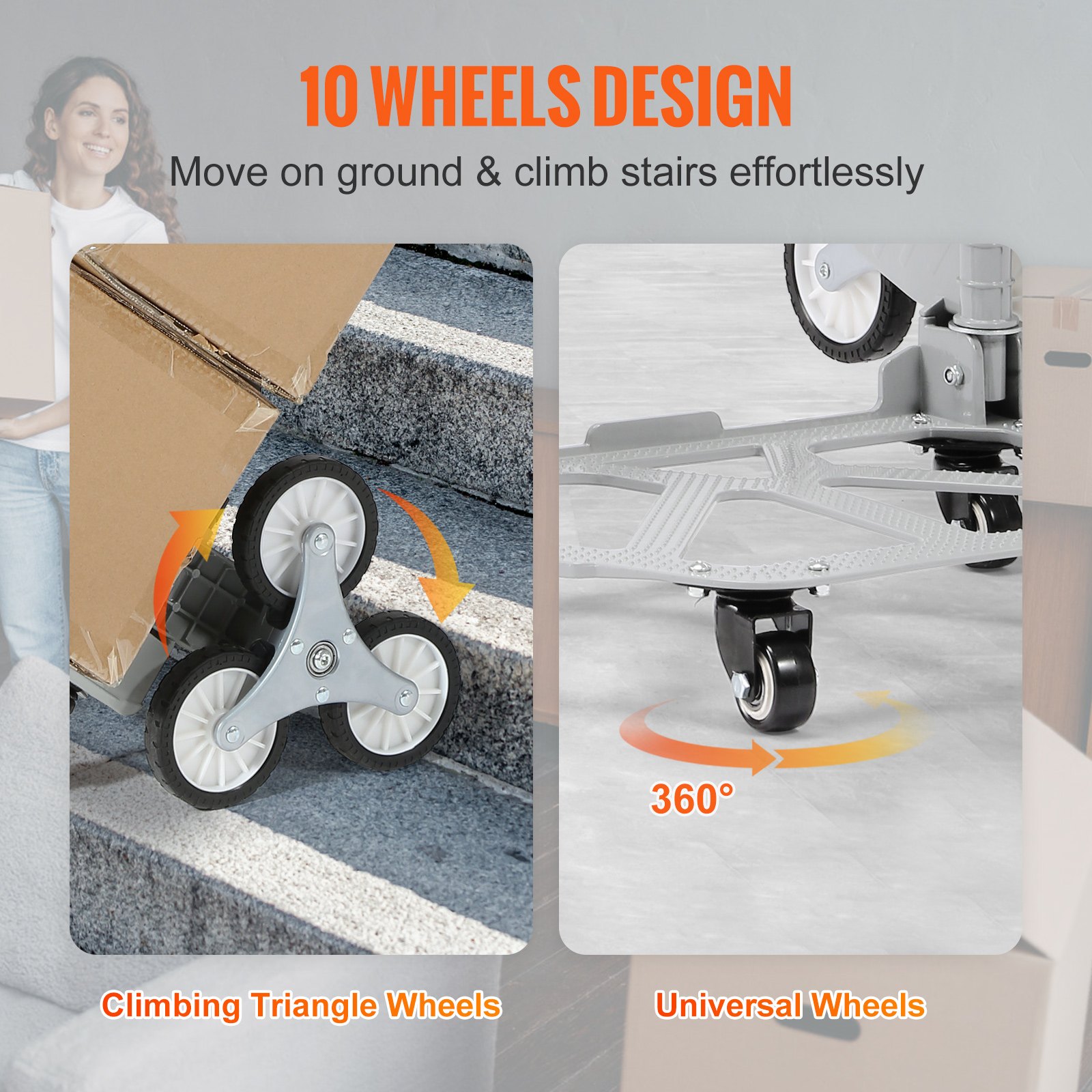 Carro sube escaleras VEVOR con diseño de 10 ruedas, con ruedas triangulares para subir escaleras y ruedas universales de 360°.