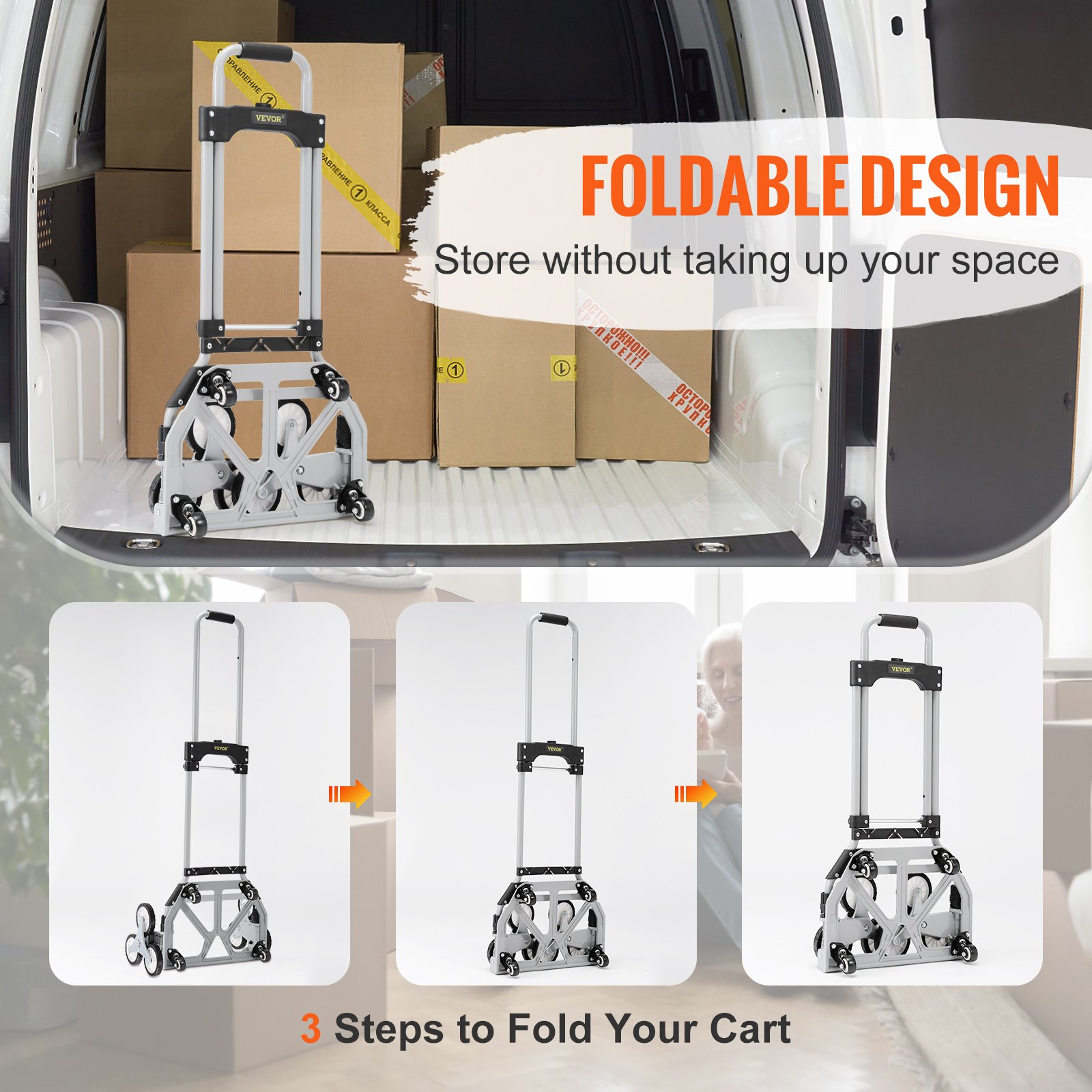 Carrito para subir escaleras VEVOR con diseño plegable; cabe en la camioneta, tres pasos para plegar para un fácil almacenamiento.