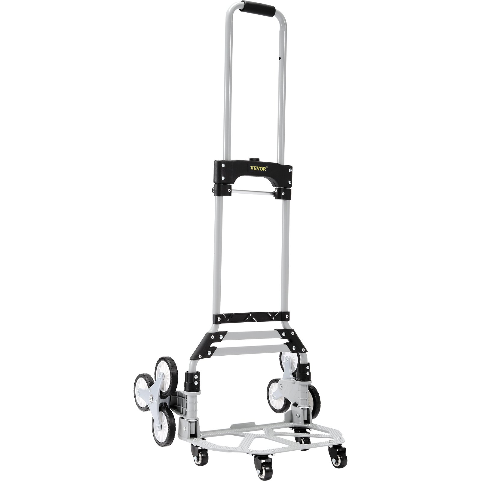 Carro sube escaleras VEVOR con diseño de tres ruedas y marco plegable para un fácil transporte.