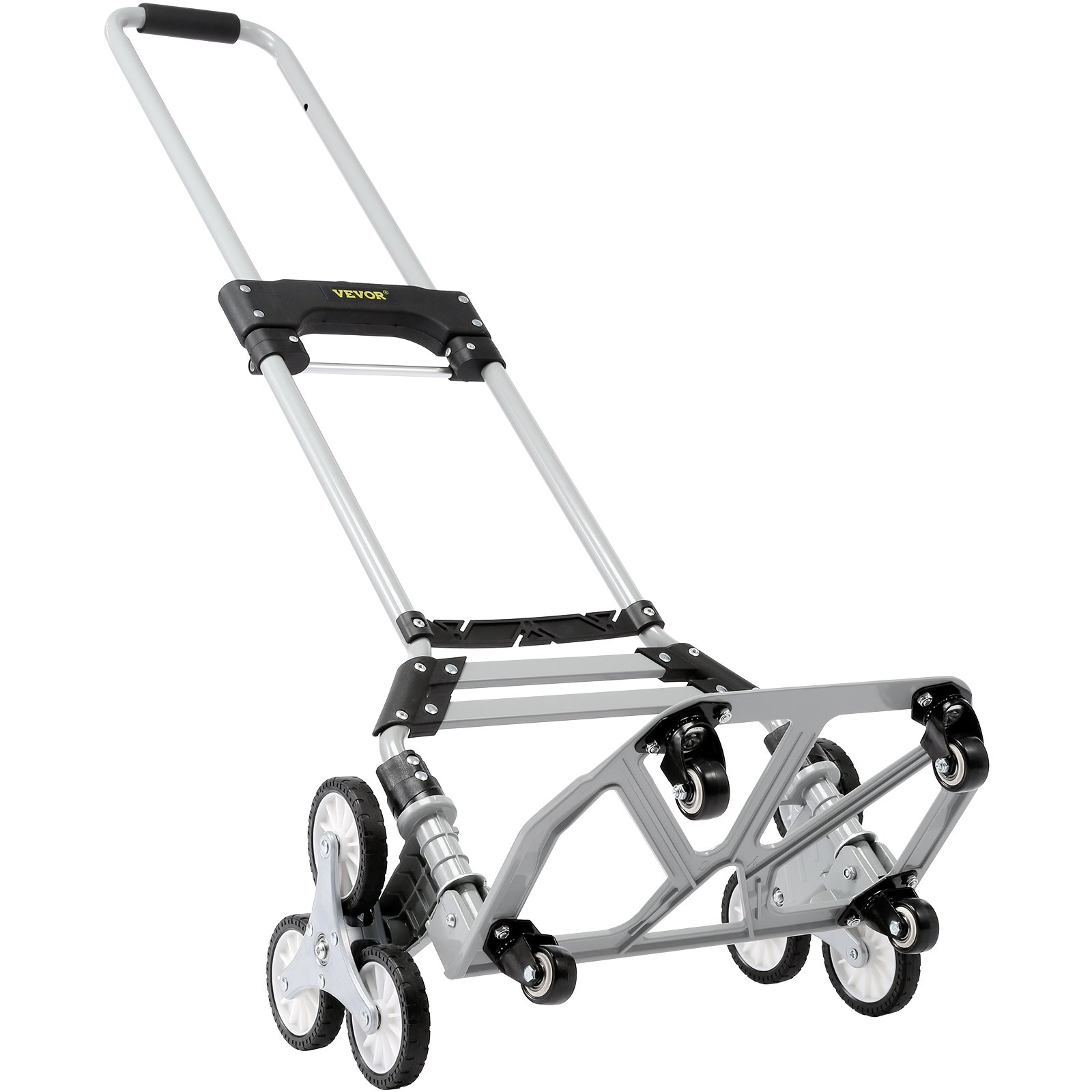 Carro sube escaleras VEVOR con diseño de seis ruedas, marco plegable y mango ergonómico para un fácil transporte.