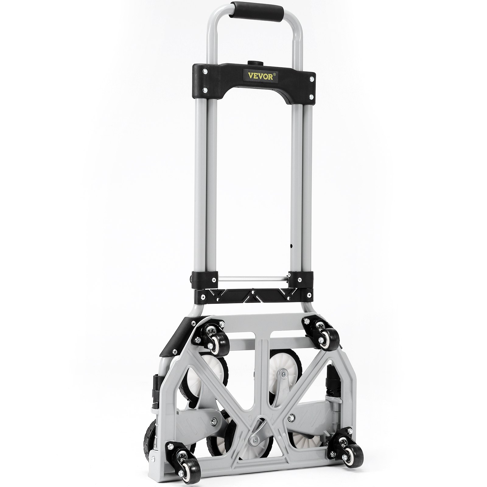 Carro sube escaleras VEVOR con seis ruedas y asa plegable diseñado para facilitar el transporte de cargas pesadas.