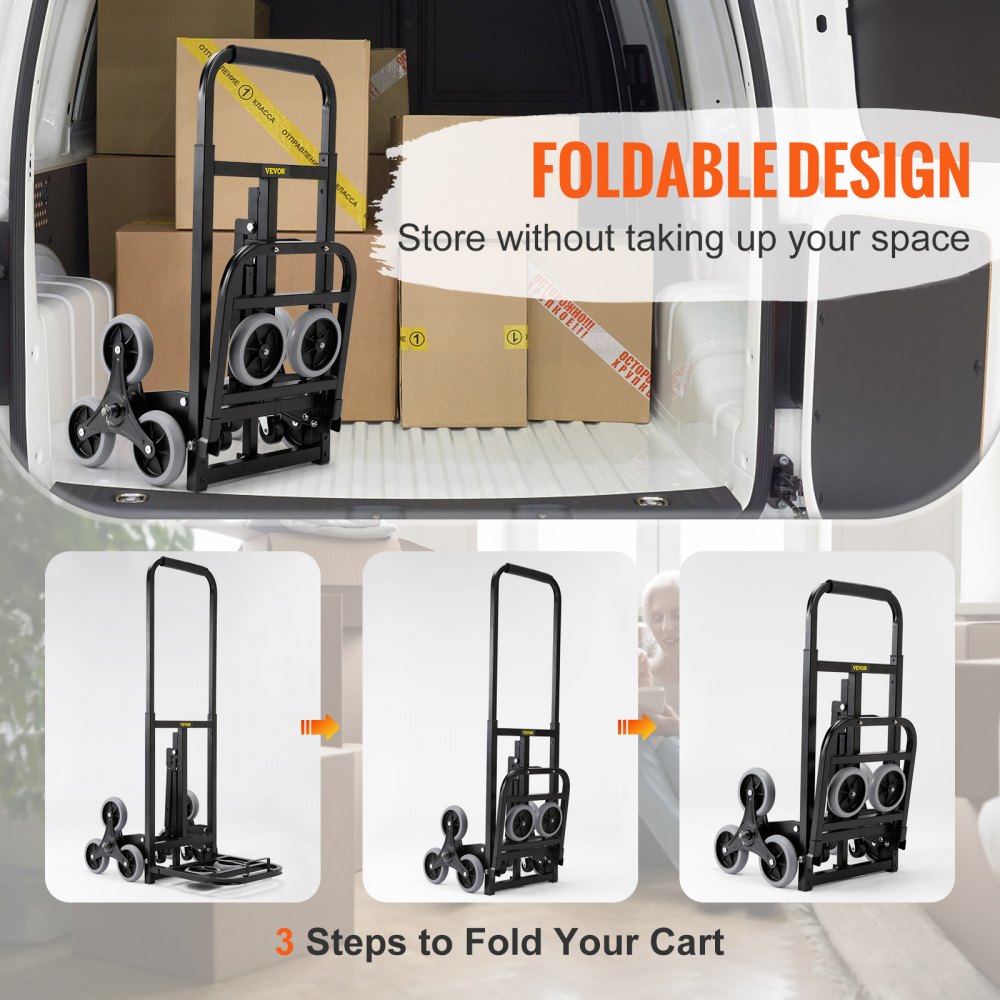 Carretilla sube escaleras VEVOR con diseño plegable para un fácil almacenamiento, que se muestra transportando cajas en una camioneta.