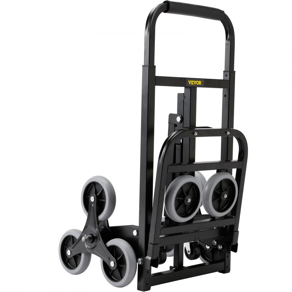 Carretilla sube escaleras VEVOR negra con diseño de tres ruedas grises y asa acolchada para un fácil transporte.