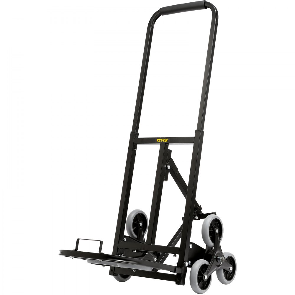 Carretilla sube escaleras VEVOR con diseño de tres ruedas y plataforma plegable para un fácil transporte.