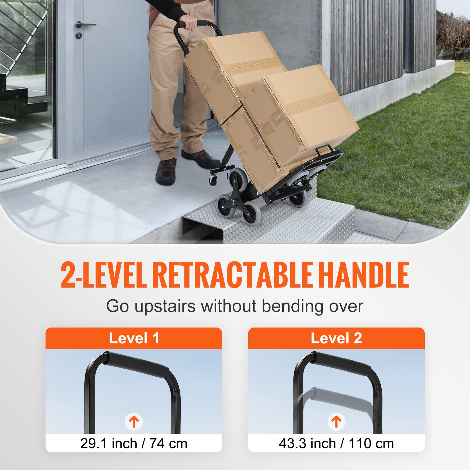 Persona que utiliza la carretilla sube escaleras VEVOR con asa retráctil de 2 niveles para subir cajas por las escaleras.