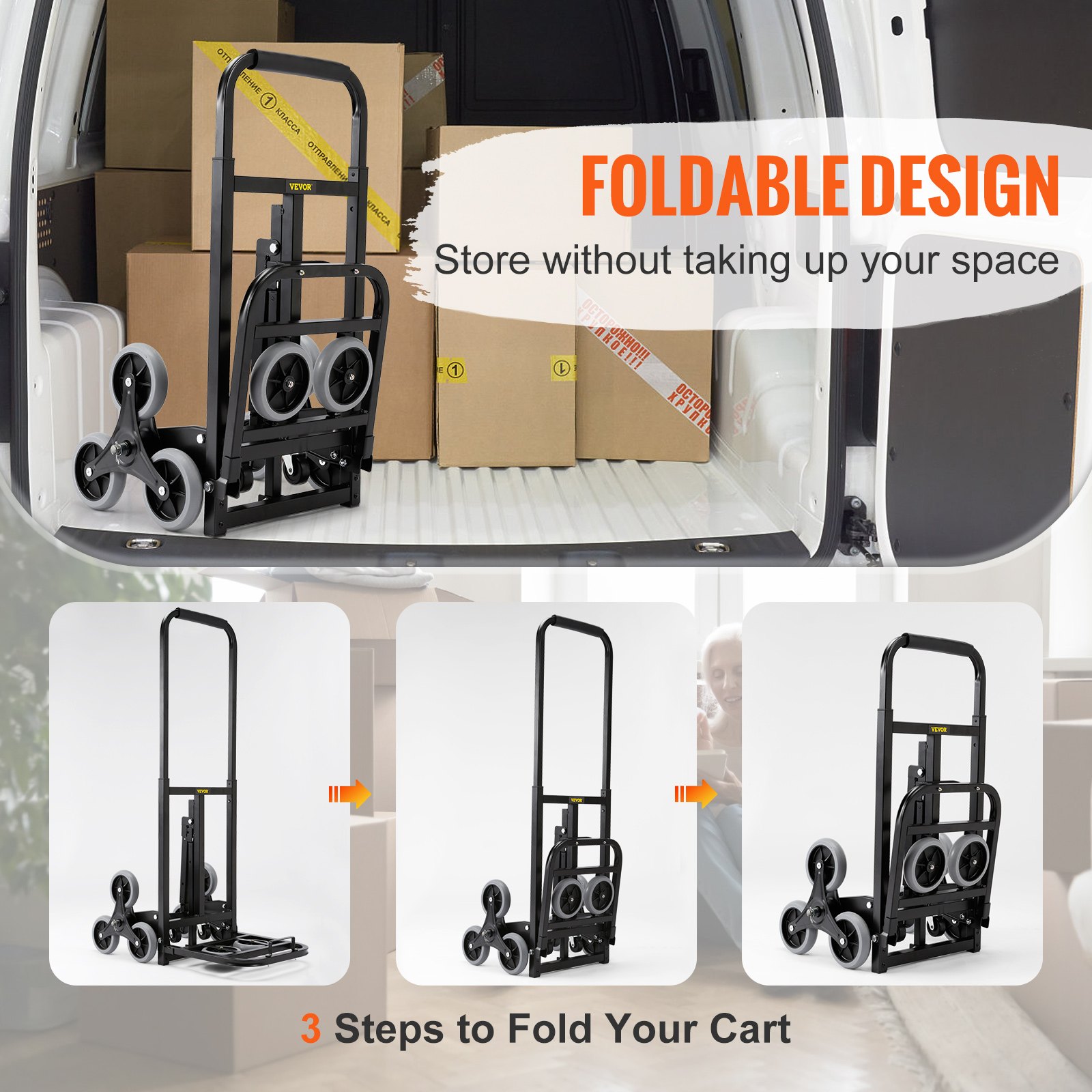 Carretilla sube escaleras VEVOR con diseño plegable para un fácil almacenamiento, que se muestra transportando cajas en una camioneta.