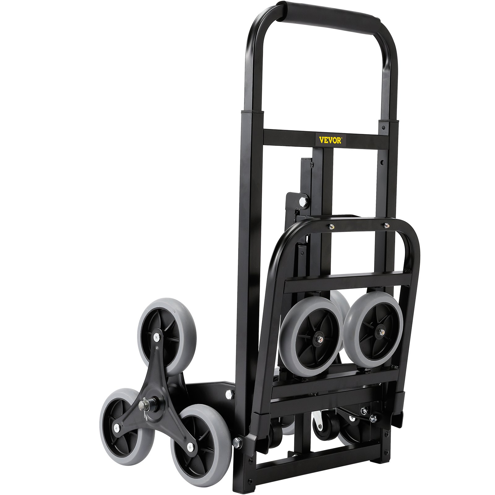 Carretilla sube escaleras VEVOR negra con diseño de tres ruedas grises y asa acolchada para un fácil transporte.