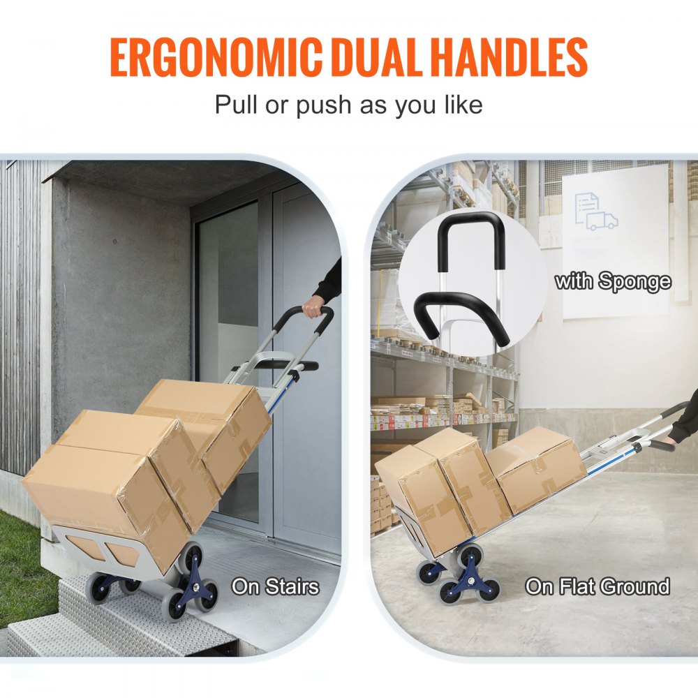 Carro sube escaleras VEVOR con asas dobles ergonómicas, para transportar cajas en escaleras y terreno plano.