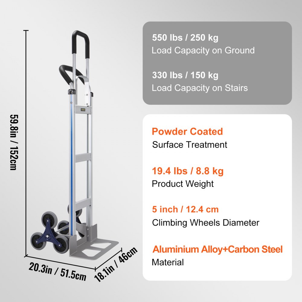 Carro para subir escaleras VEVOR con capacidad para 550 lb en el suelo y 330 lb en escaleras, acero de aleación de aluminio