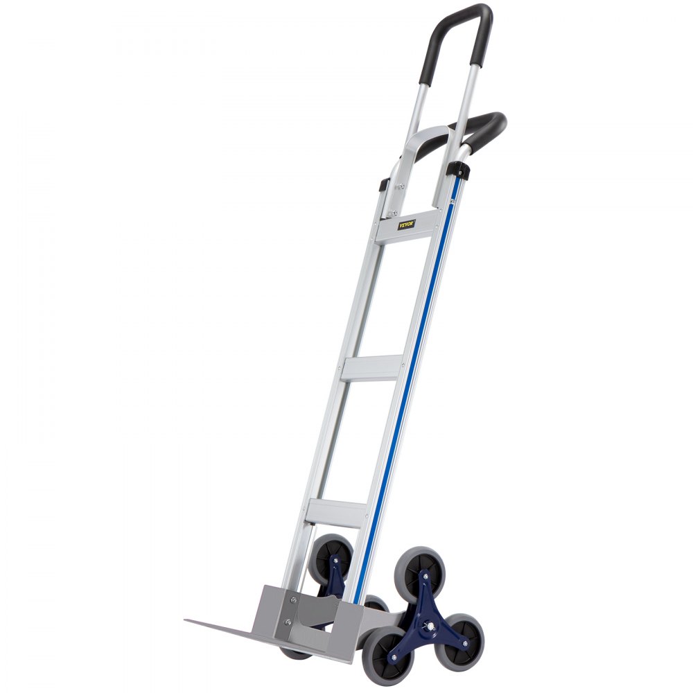Carro sube escaleras VEVOR con diseño de tres ruedas, estructura de metal y asas ergonómicas.