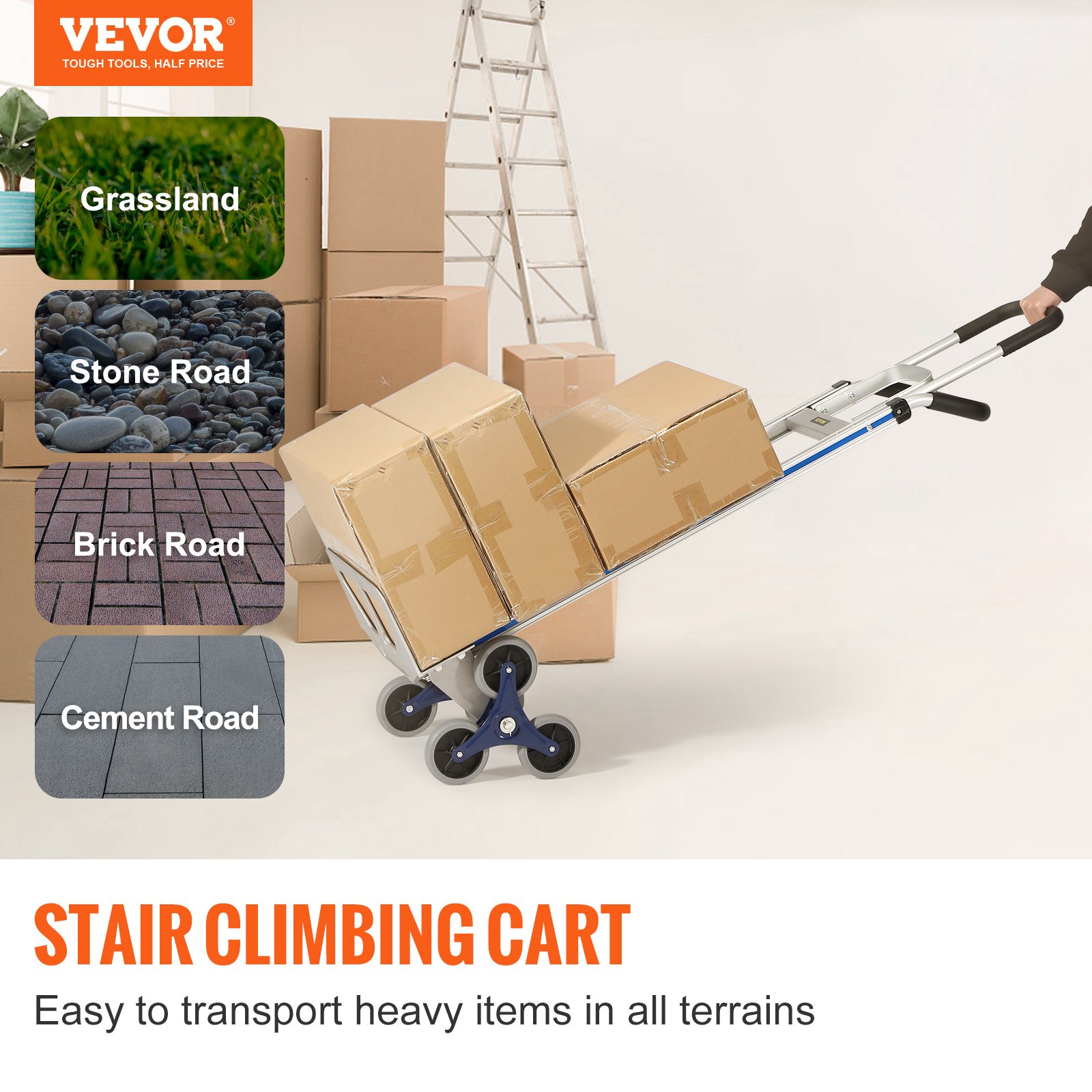 Carro sube escaleras VEVOR que transporta cajas, adecuado para pastizales, caminos de piedra, caminos de ladrillos y caminos de cemento.