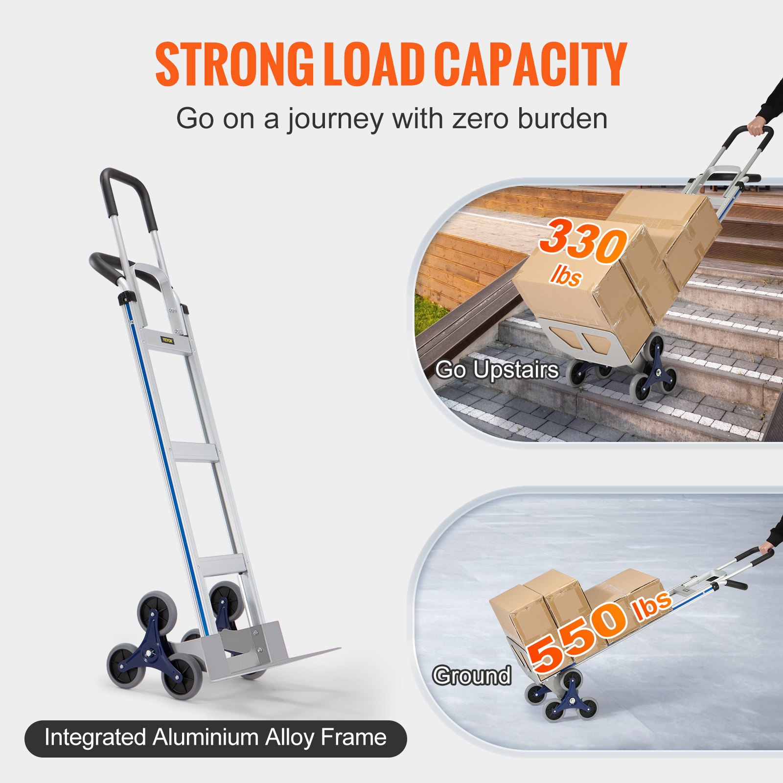 Carrito para subir escaleras VEVOR con marco de aluminio, capacidad de carga de 330 libras en el piso superior y 550 libras en el suelo.