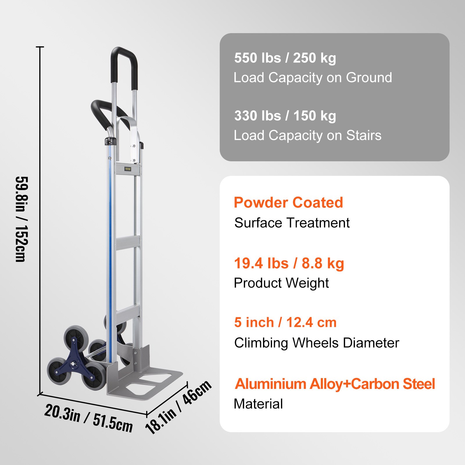 Carro para subir escaleras VEVOR con capacidad para 550 lb en el suelo y 330 lb en escaleras, acero de aleación de aluminio