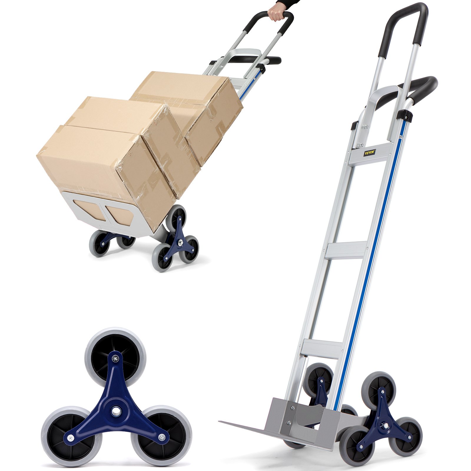 Carro sube escaleras VEVOR con diseño de tres ruedas, que transporta cajas de cartón y asa plegable.
