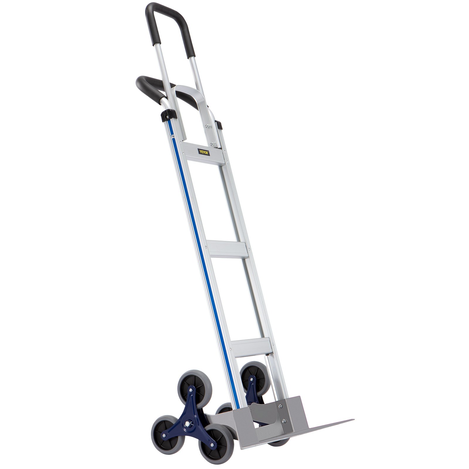 Carro para subir escaleras VEVOR con diseño de tres ruedas y marco de aluminio resistente para una fácil navegación por las escaleras.