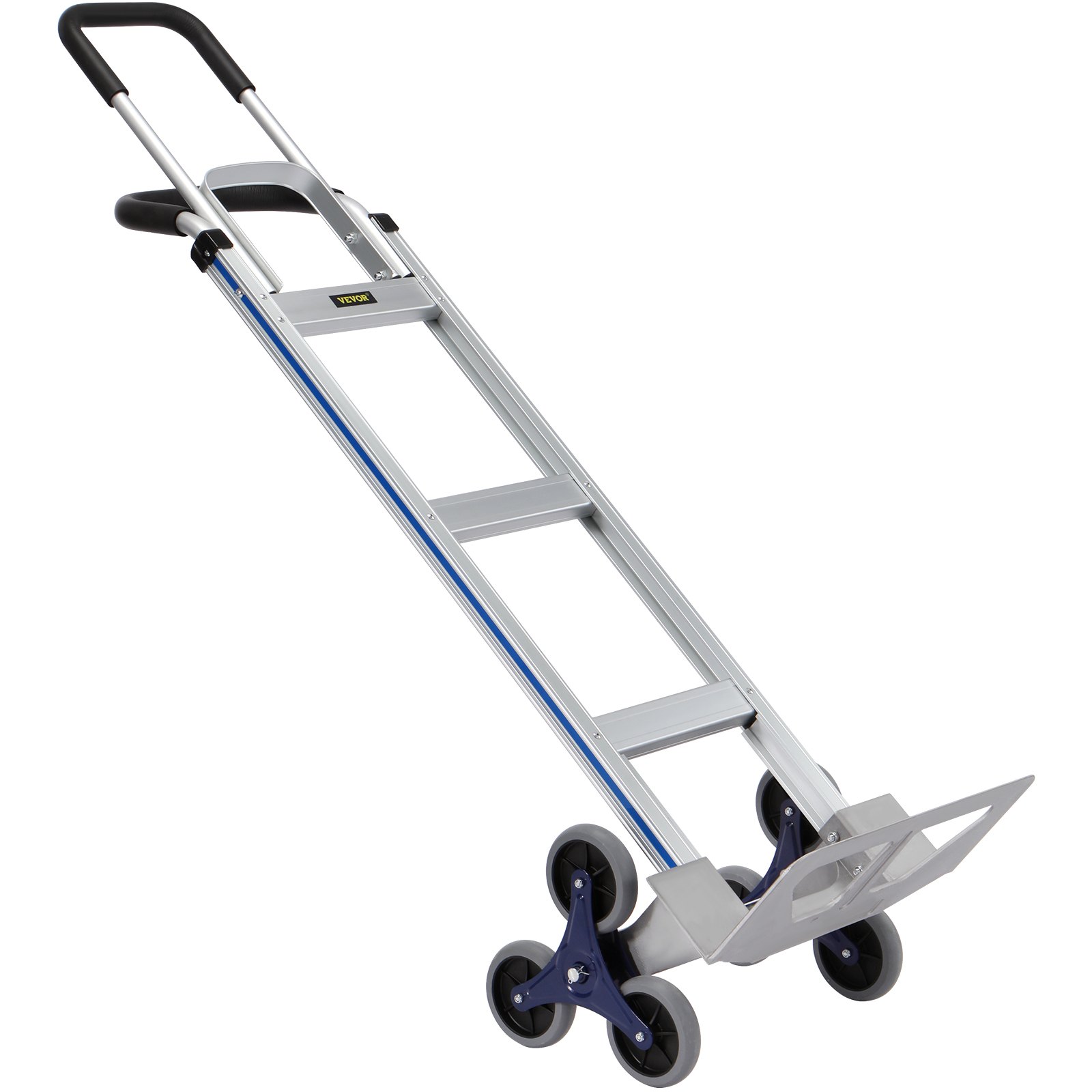 Carro sube escaleras VEVOR con diseño de tres ruedas, mango ergonómico, marco resistente y placa base de metal.