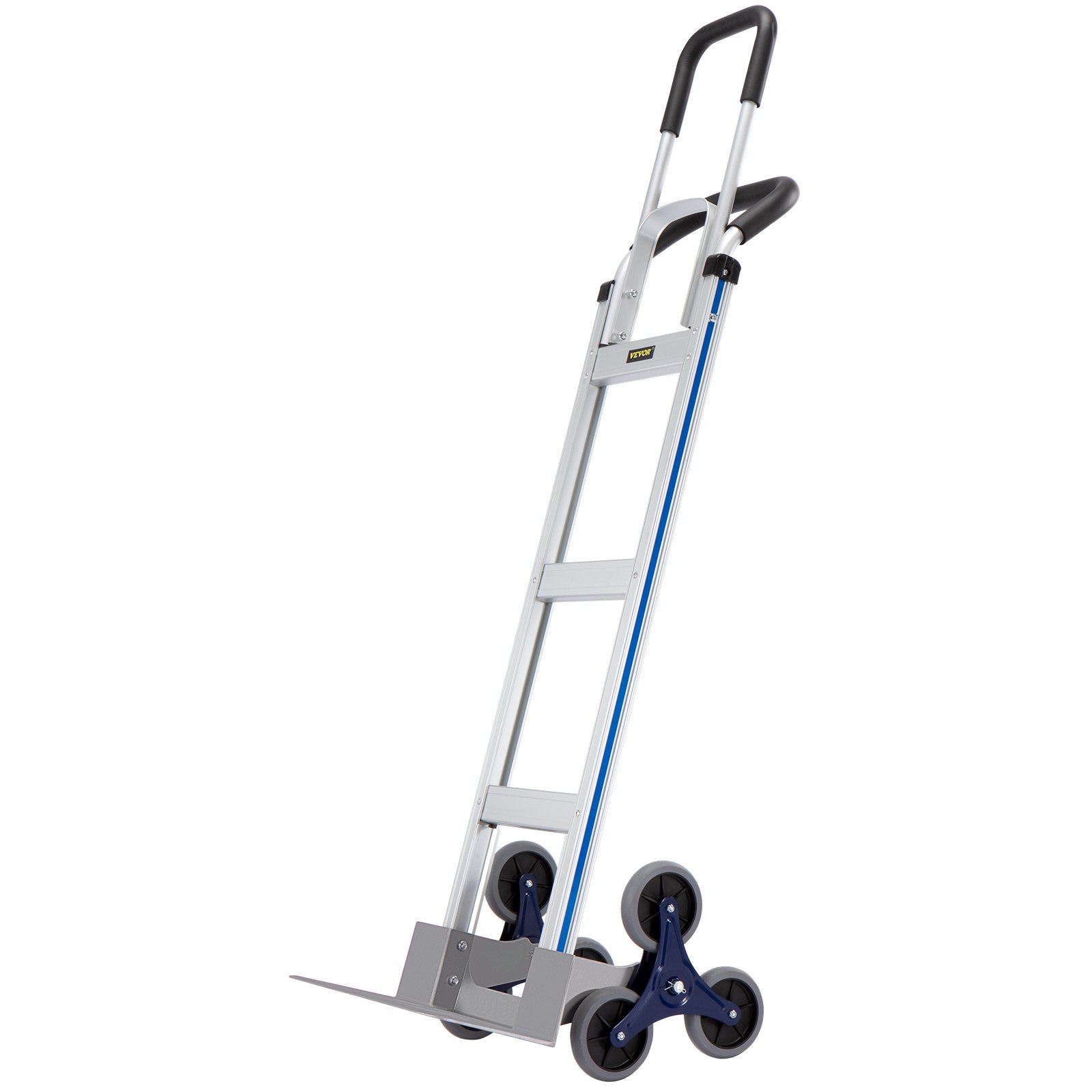 Carro sube escaleras VEVOR con diseño de tres ruedas, estructura de metal y asas ergonómicas.