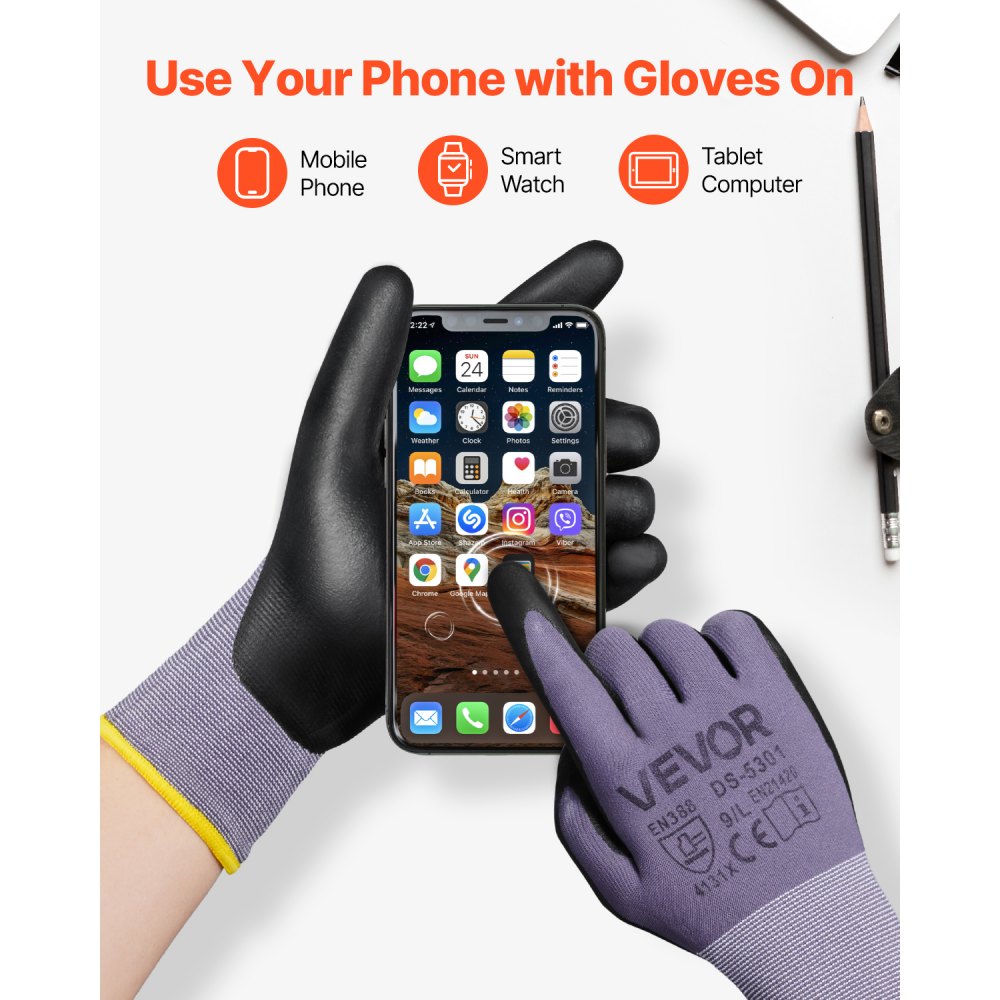 Guantes de trabajo (12 pares) con revestimiento de nitrilo para pantalla táctil, para jardinería y construcción